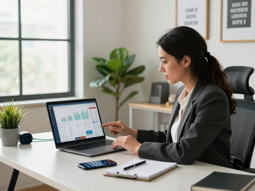Professional woman analyzing IDXSTAR market trends in a bright home office.