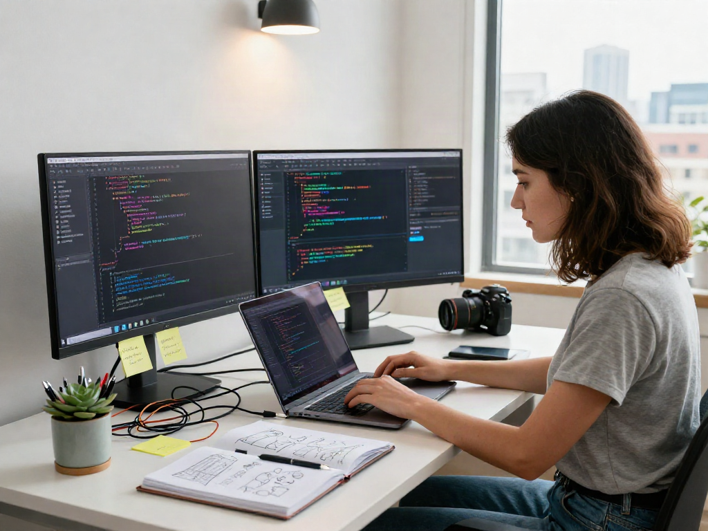 Web development workspace showing focused young woman coding with dual monitors and creative tools in a bright modern office. ia +18.