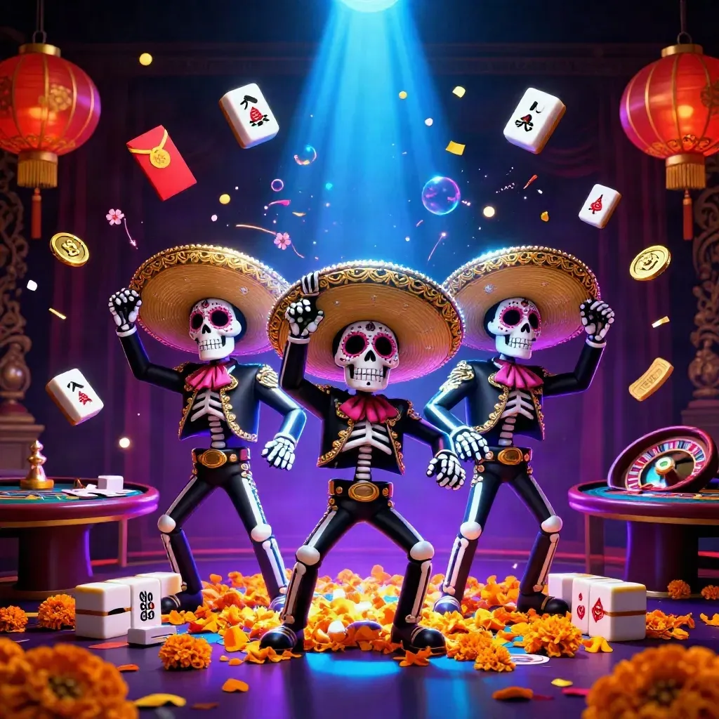 Day-of-the-Dead mariachi skeleton trio amid casino lights, coins, lanterns, and god-rays.