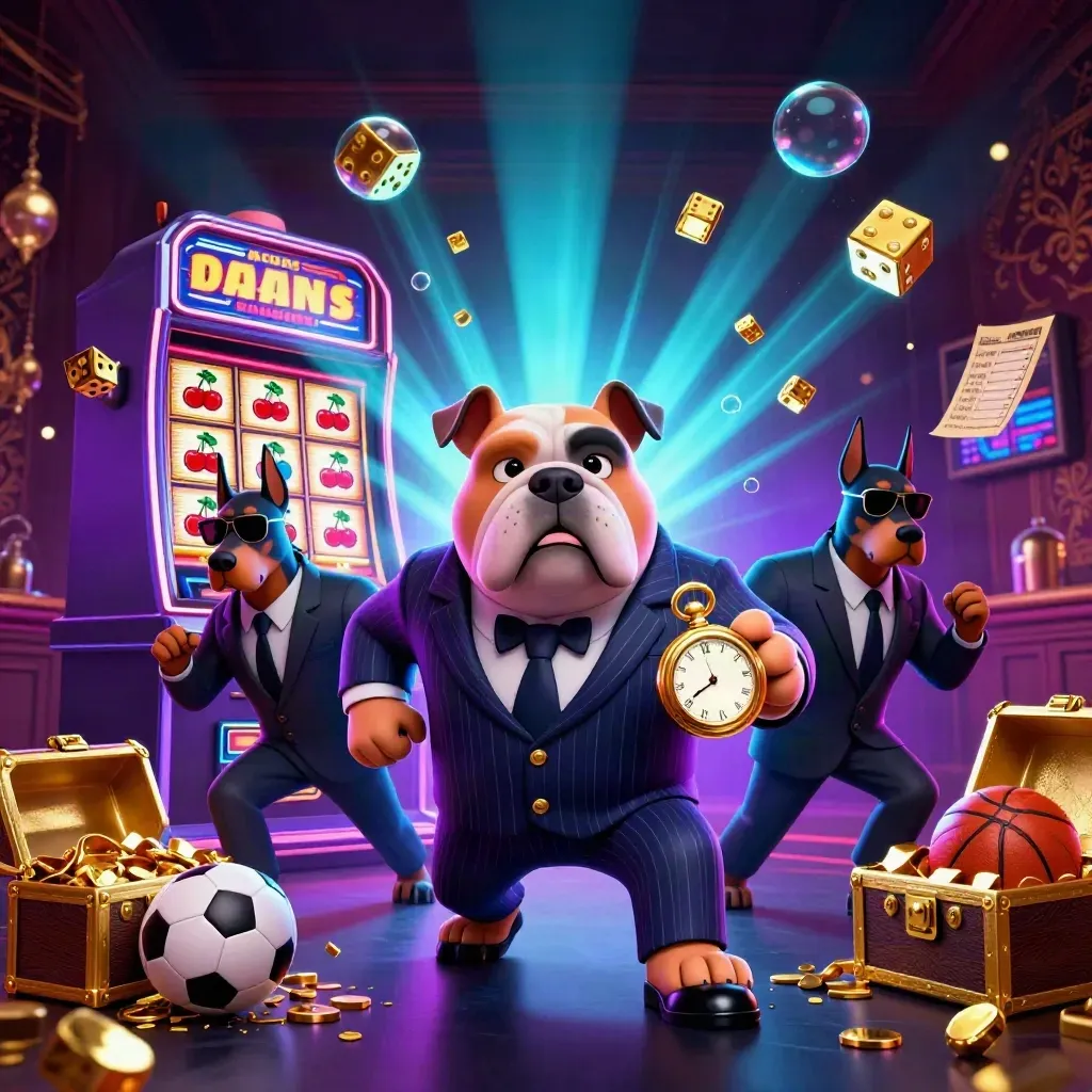 Mafia bulldog and two Dobermans amid casino bursts, gold dice, chest, ball and basketball