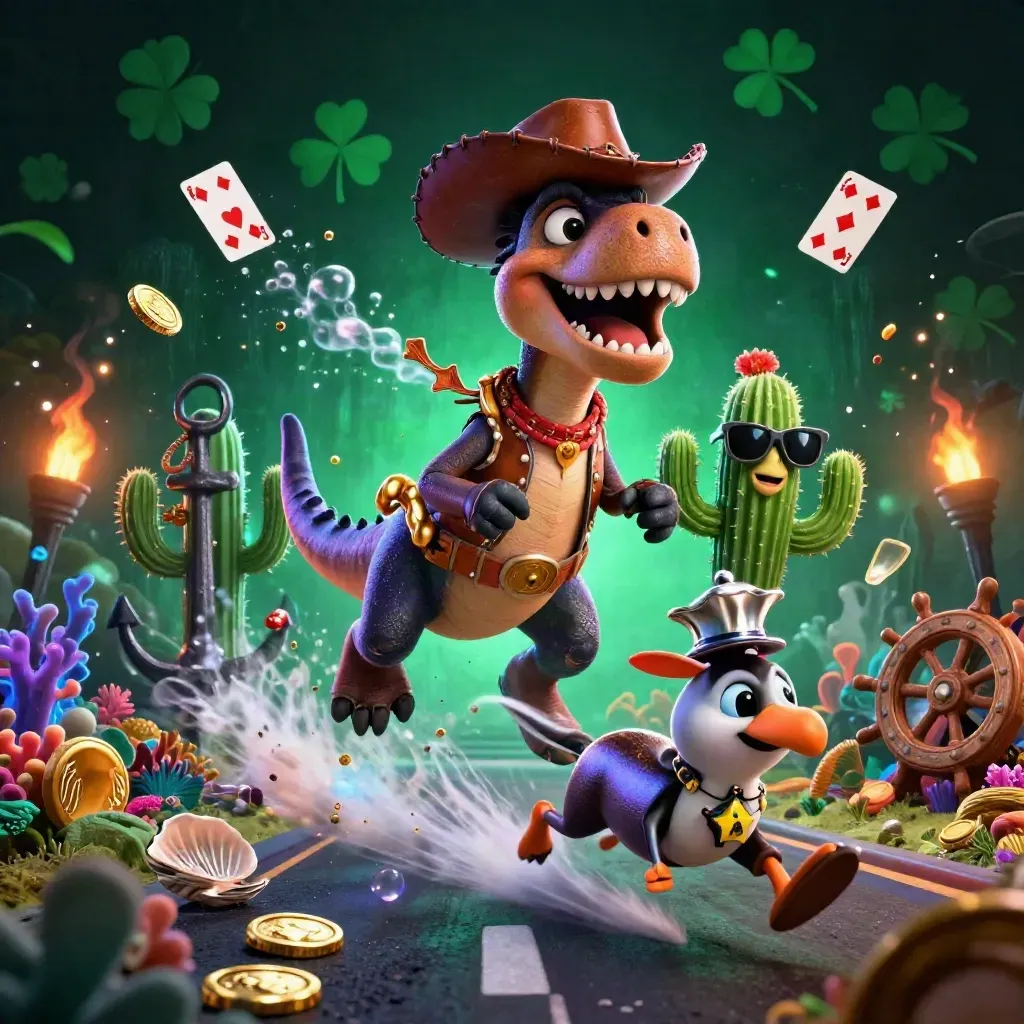 Cowboy T-Rex, cactus sidekick, and sheriff roadrunner in a neon treasure cove with coins and coral.