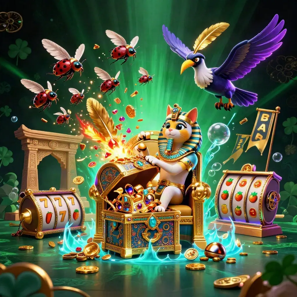 Pharaoh cat, ibis scribe and gem scarabs amid treasure burst, reels and temple glow.