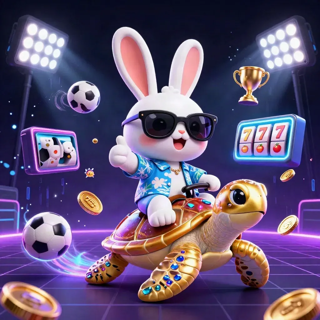 Lucky rabbit rides gem turtle amid coins, sports balls, trophy and neon casino sparks.