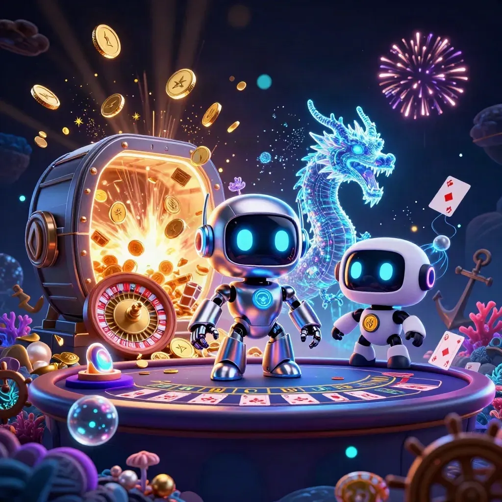 Robot, holographic dragon, and coin drone burst from a treasure cove with coins, cards, roulette wheel, and fireworks.