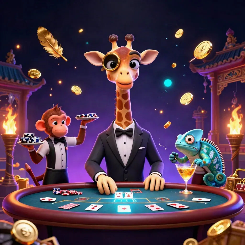 Giraffe, monkey, and chameleon at a neon casino table with coins, fireworks, and temple props