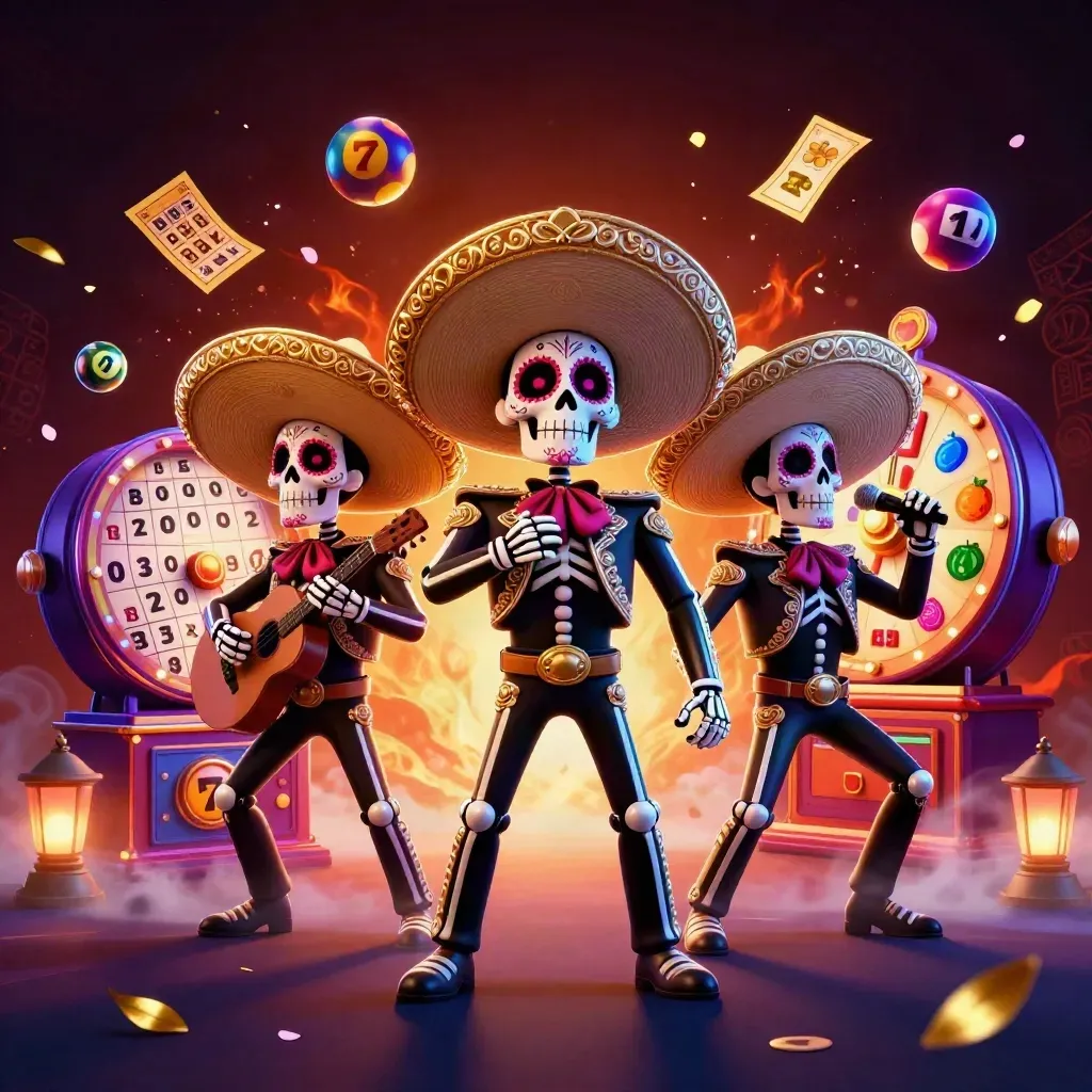 Skeleton mariachi trio in casino chaos with reels, bingo balls, prize wheel, and glowing gold effects
