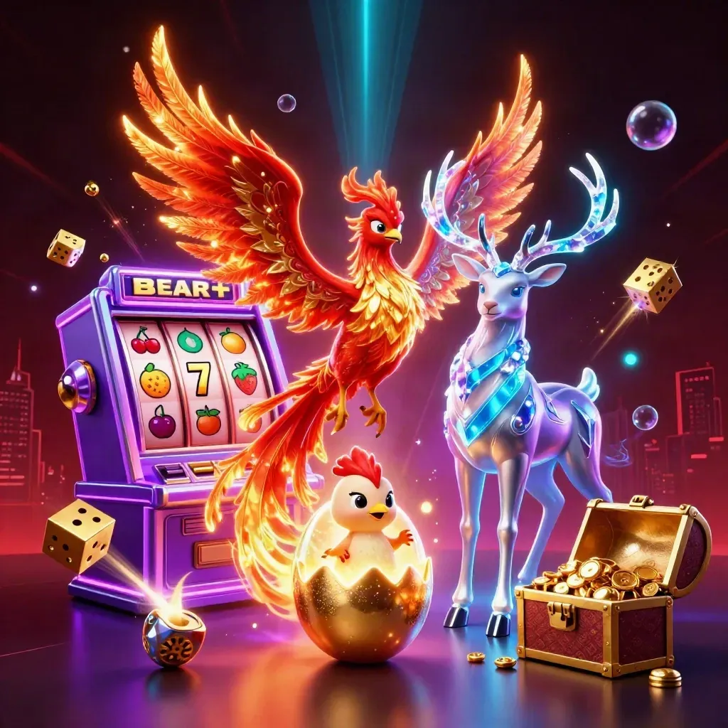 Fiery phoenix, crystal stag, and baby phoenix burst from neon slot reels and gold.